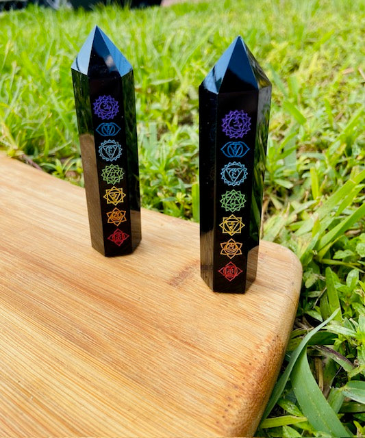 7 Chakra Black Obsidian Tower